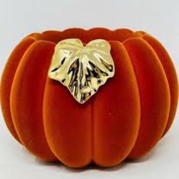 Bath & Body Works Velvet Flocked Pumpkin 3-wick Candle Holder Pedestal Orange - Picture 2 of 2